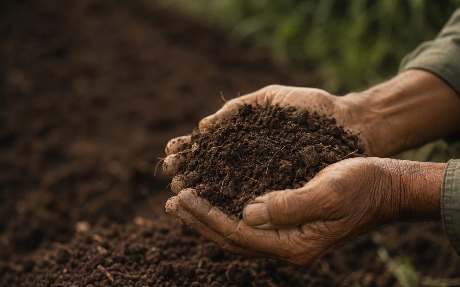 Healthy dark soil worked by hand in the field