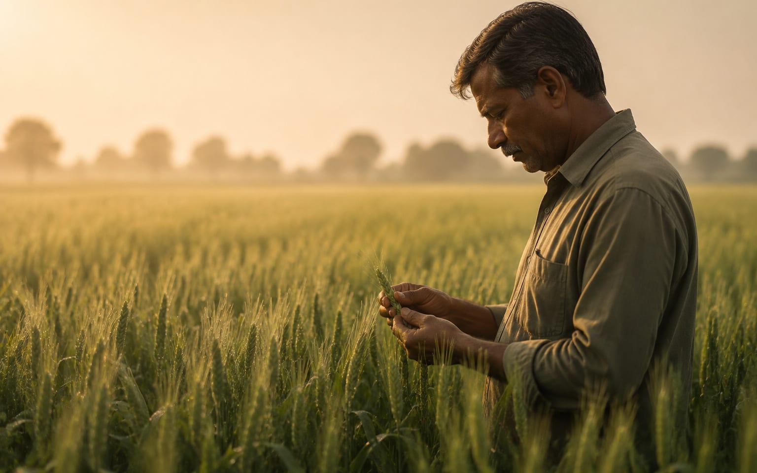 Farmer inspecting a standing crop in the field